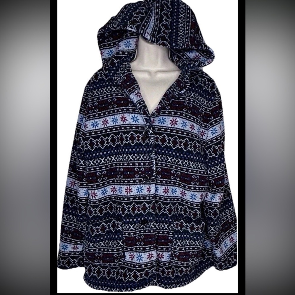 Vintage Sandro Women’s Fair Isle Pea Coat Size Large Navy Blue Gray Fleece Hood
